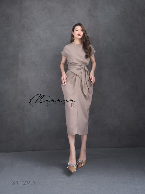 Women Classy Waist Tie Mid Length Back Slit Dresses